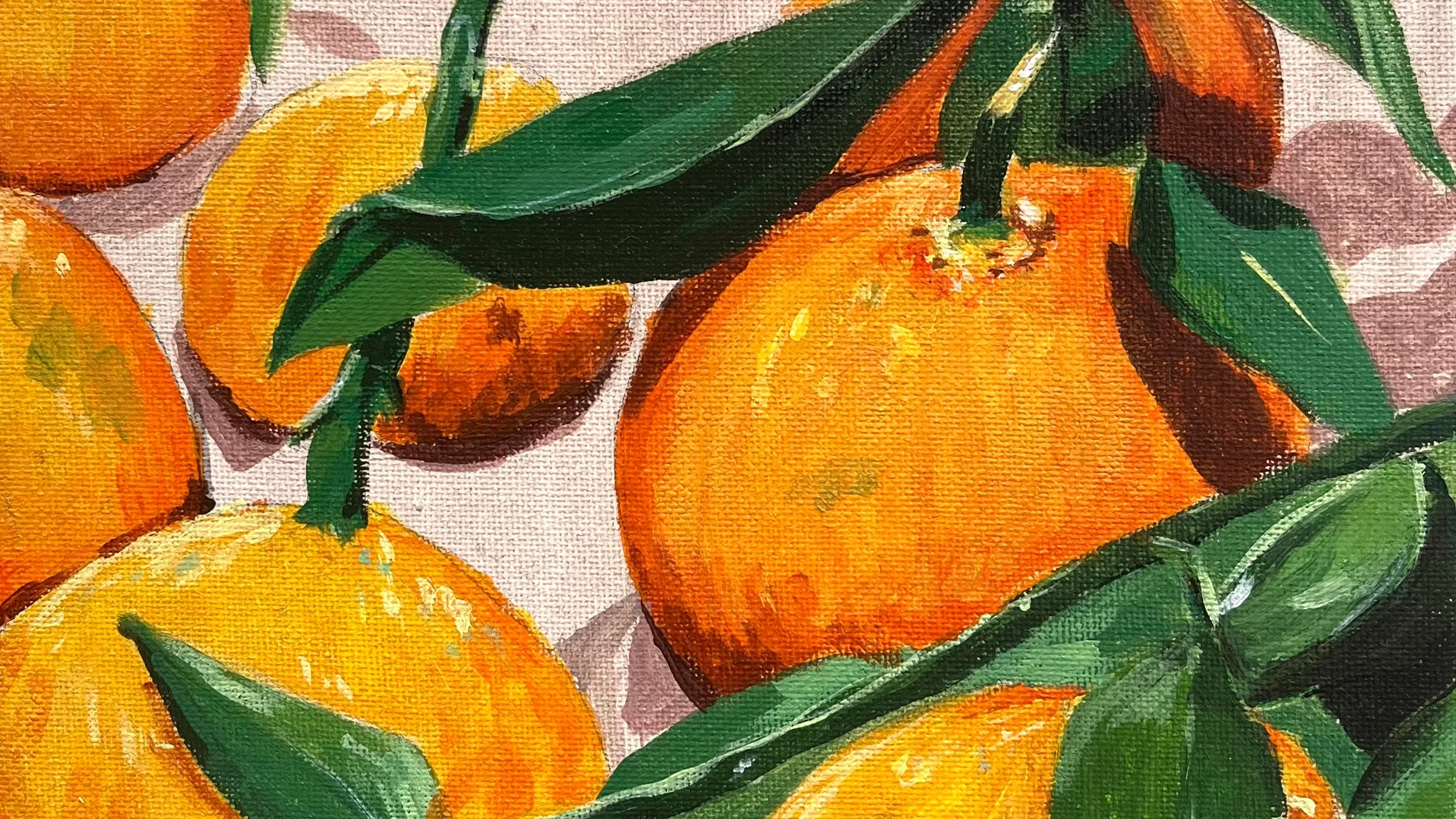 Painting of oranges with green leaves on a textured surface