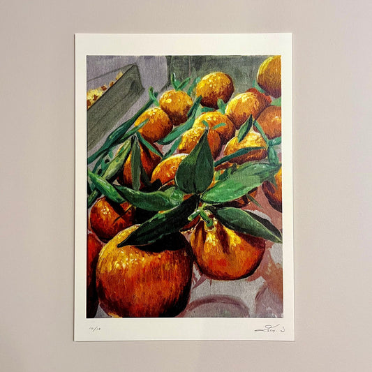 Artwork of a still life with oranges and leaves on a gray background
